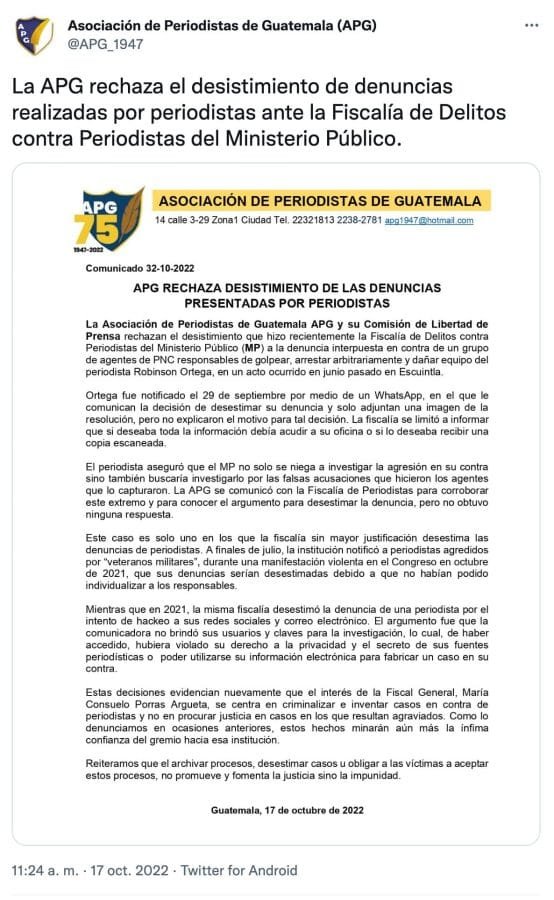 La APG rechaza el desistimiento de denuncias presentadas por periodistas