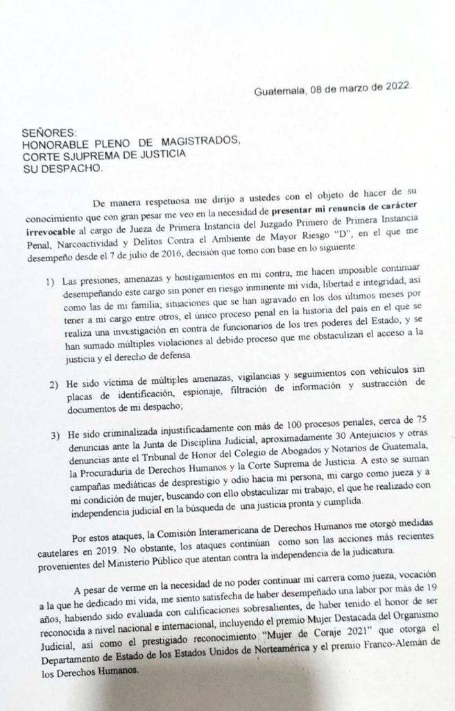 Carta de Erika Aifán que la obligó a refugiarse en Wasington